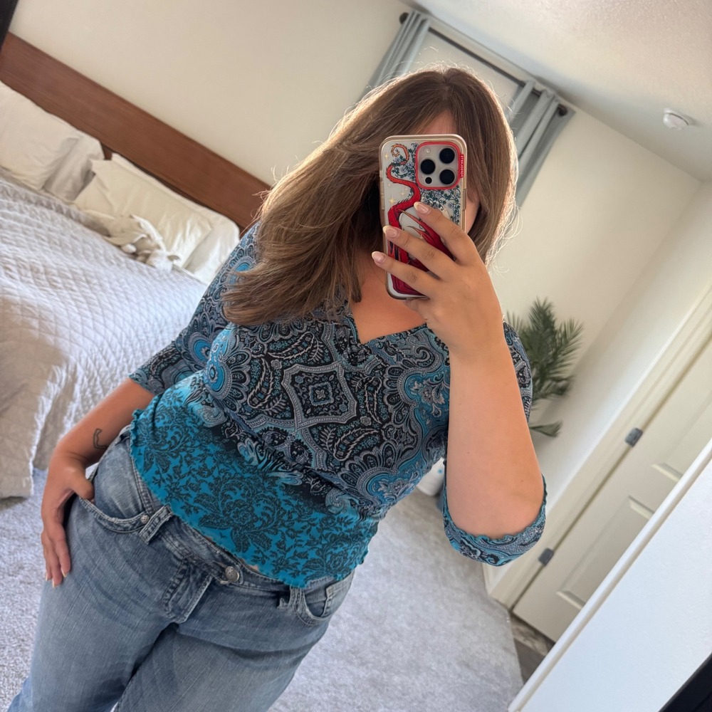 Y2K Indie Sleaze Paisley Lexi & Tasch Mesh Top Medium Blue